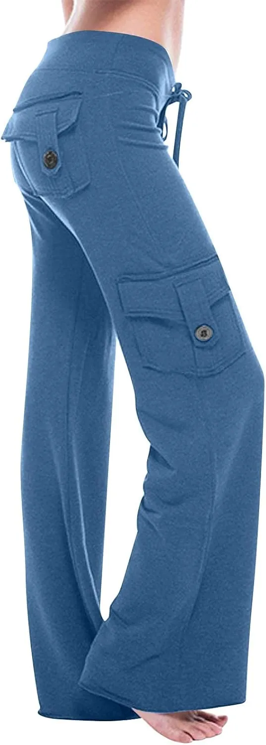 Women's Drawstring Yoga Cargo Pant High Elastic Waist Comfy Sweatpant Multi-Pocket Gym Workout Trouser with Button