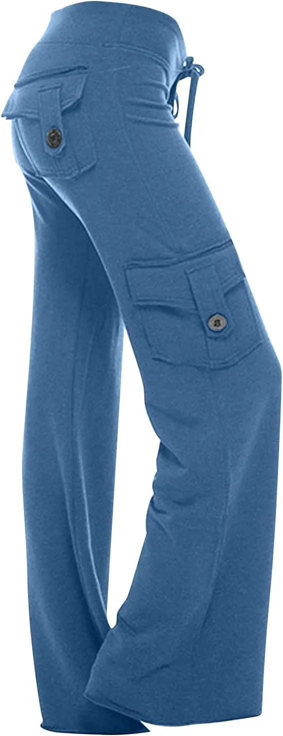 Women's Drawstring Yoga Cargo Pant High Elastic Waist Comfy Sweatpant Multi-Pocket Gym Workout Trouser with Button