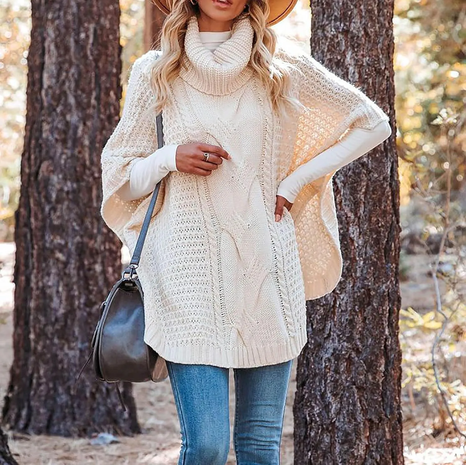 Women's Fall Winter Turtleneck Poncho Sweater Chunky Loose Knit Cape Wrap Sweater Batwing Sleeve Pullover Jumper Tops