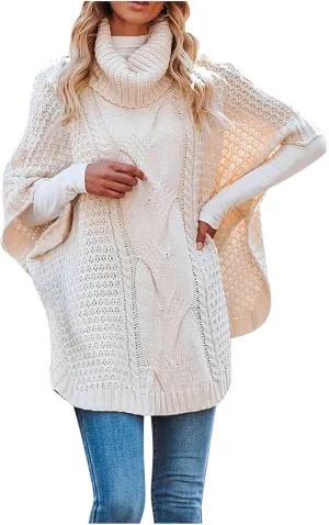 Women's Fall Winter Turtleneck Poncho Sweater Chunky Loose Knit Cape Wrap Sweater Batwing Sleeve Pullover Jumper Tops