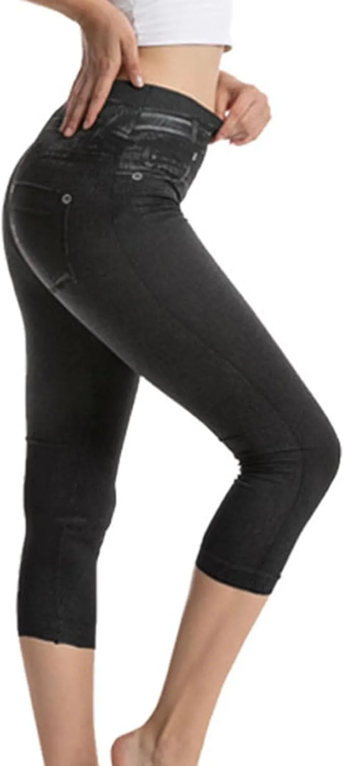 Womens Faux Denim Capri Pants Leggings High Waisted Yoga Pants Hip-Lifting Slim Fit Short Tights Stretch Faux Jeans