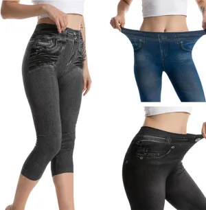Womens Faux Denim Capri Pants Leggings High Waisted Yoga Pants Hip-Lifting Slim Fit Short Tights Stretch Faux Jeans