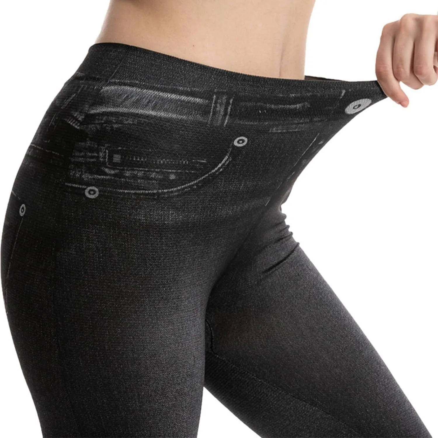 Womens Faux Denim Capri Pants Leggings High Waisted Yoga Pants Hip-Lifting Slim Fit Short Tights Stretch Faux Jeans