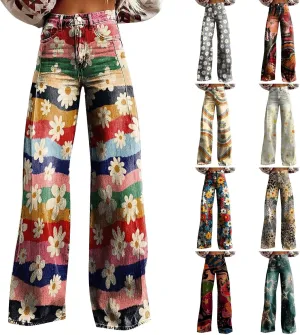 Women's Flare Jeans 2025 Wide Leg Baggy Pant Vintage Floral Print High Waisted Straight Stretch Pants with Pocket