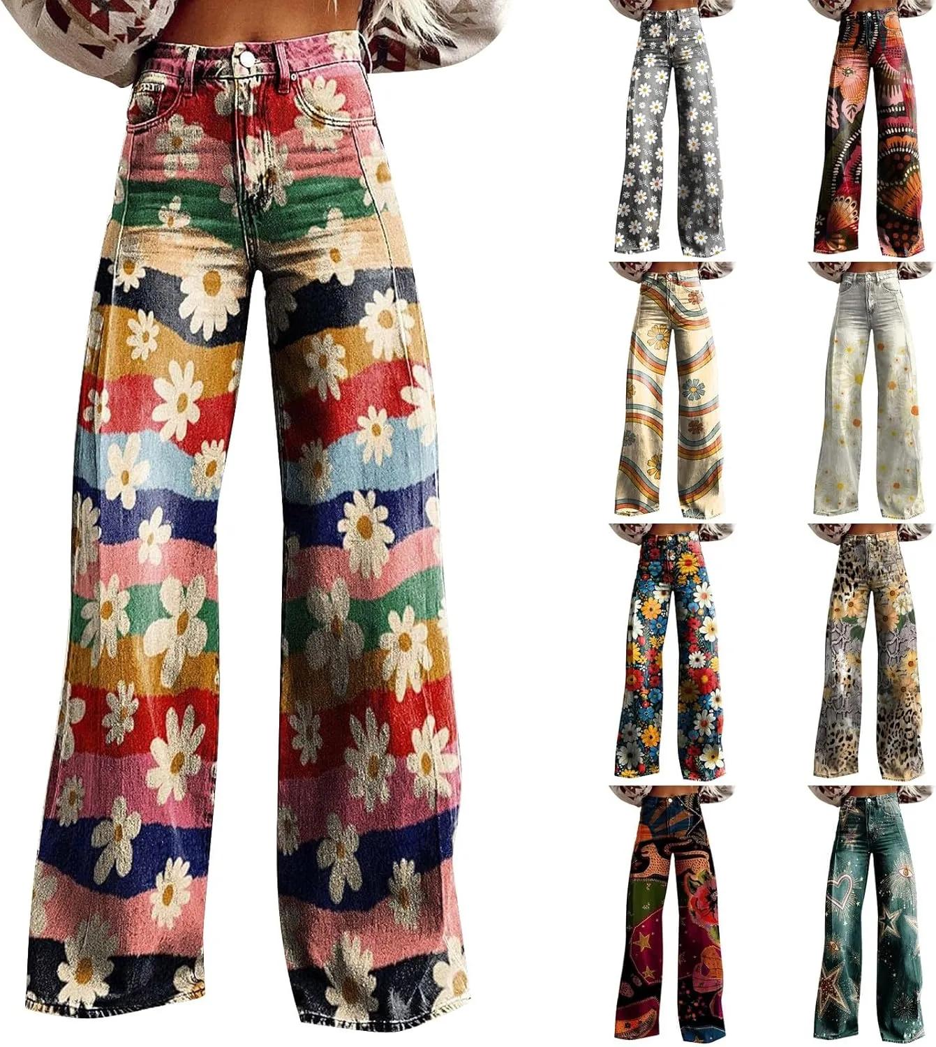 Women's Flare Jeans 2025 Wide Leg Baggy Pant Vintage Floral Print High Waisted Straight Stretch Pants with Pocket