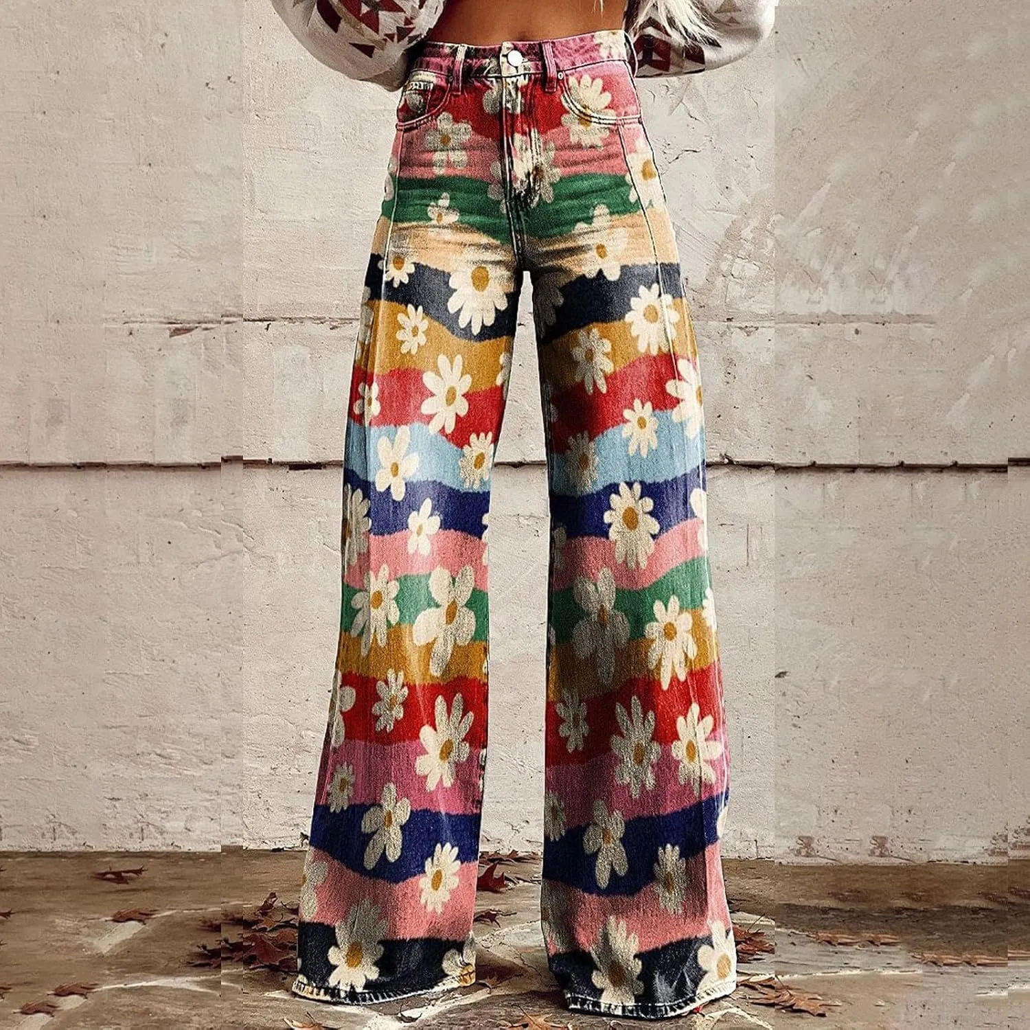 Women's Flare Jeans 2025 Wide Leg Baggy Pant Vintage Floral Print High Waisted Straight Stretch Pants with Pocket