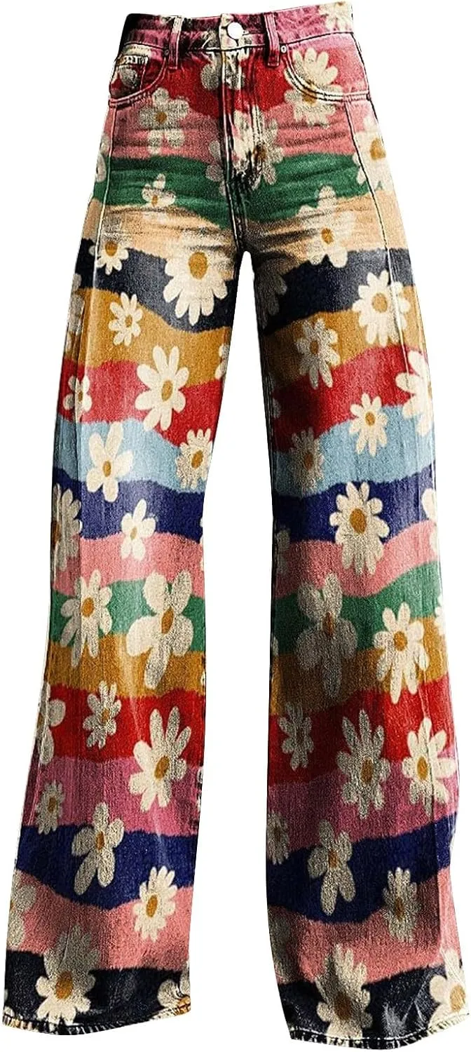 Women's Flare Jeans 2025 Wide Leg Baggy Pant Vintage Floral Print High Waisted Straight Stretch Pants with Pocket