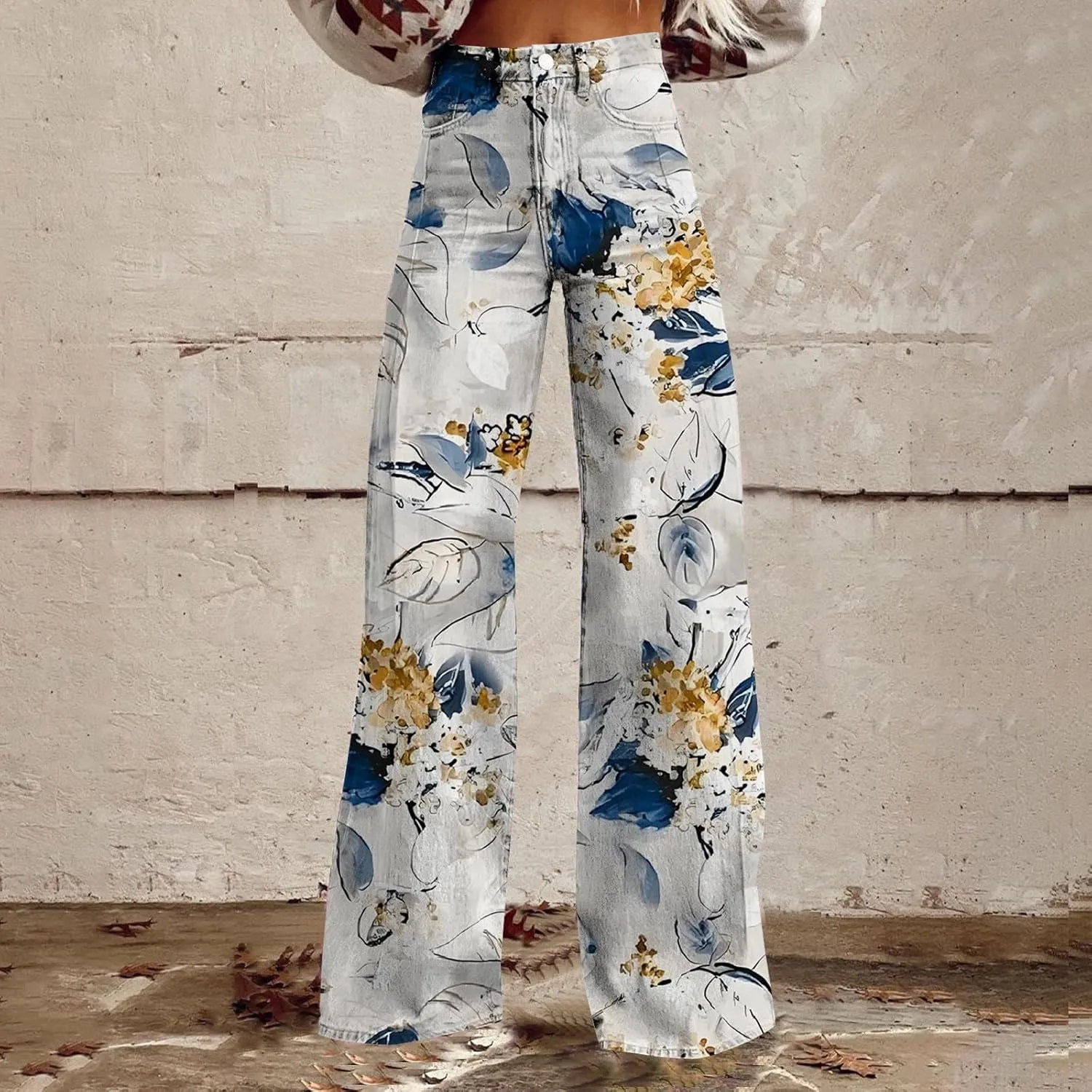 Women's Flare Jeans Wide Leg Baggy Pant 2025 Vintage Floral Print High Waisted Straight Stretch Pants with Pockets
