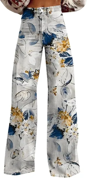 Women's Flare Jeans Wide Leg Baggy Pant 2025 Vintage Floral Print High Waisted Straight Stretch Pants with Pockets