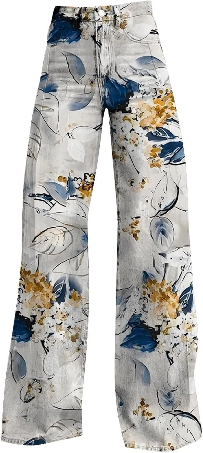 Women's Flare Jeans Wide Leg Baggy Pant 2025 Vintage Floral Print High Waisted Straight Stretch Pants with Pockets