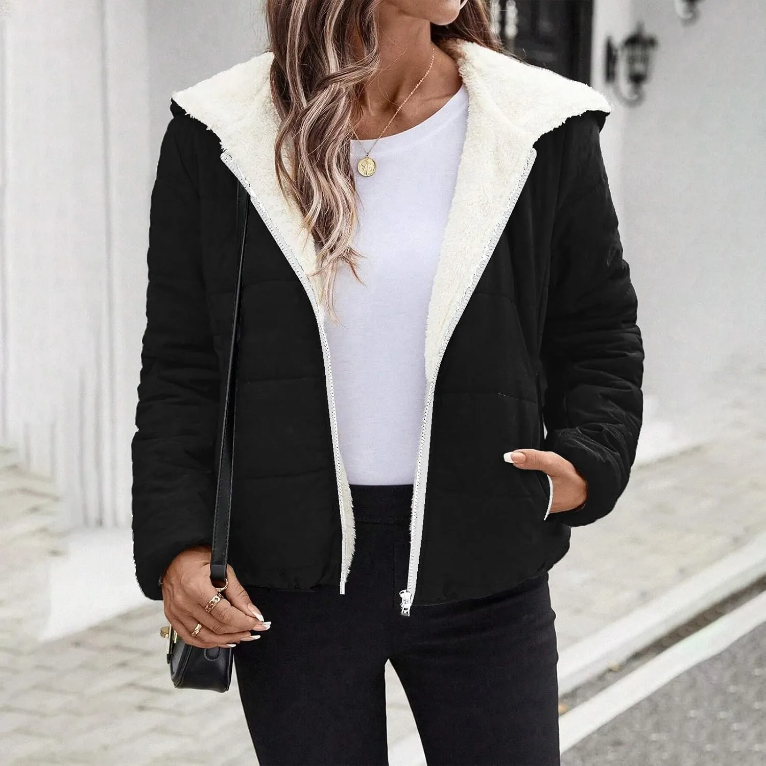 Womens Fleece Sherpa Lined Jackets Casual Full Zip Up Hoodie Loose Fit Sweatshirt Jacket Coat