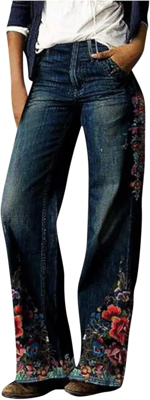Women's Flower Printed Jeans Stretchy High Waisted Trouser Baggy Straight Wide Leg Casual Imitation Denim Pants