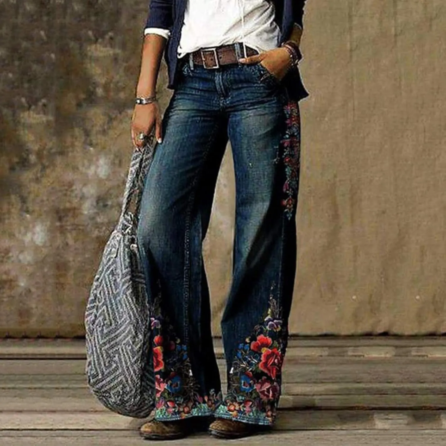 Women's Flower Printed Jeans Stretchy High Waisted Trouser Baggy Straight Wide Leg Casual Imitation Denim Pants