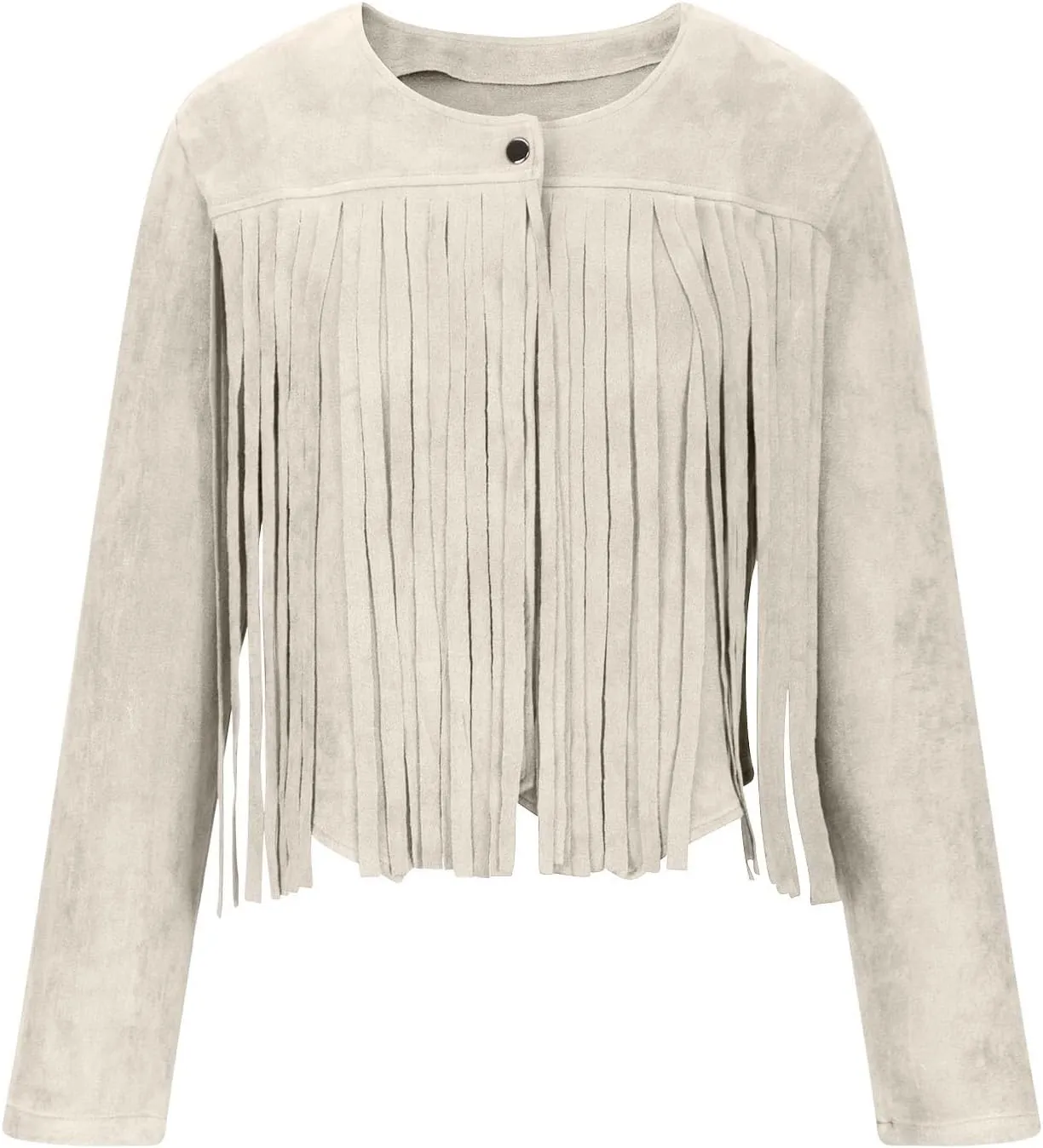 Women's Fringe Faux Suede Leather Jackets Casual Fashion Tassel Motorcycle Cropped Coats Long Sleeve Collarless Jacket