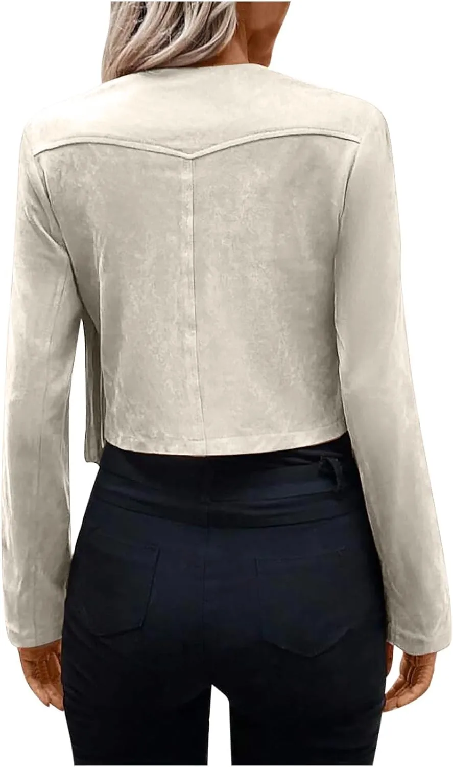 Women's Fringe Faux Suede Leather Jackets Casual Fashion Tassel Motorcycle Cropped Coats Long Sleeve Collarless Jacket