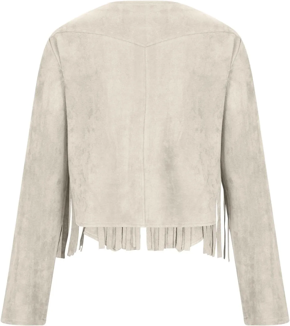 Women's Fringe Faux Suede Leather Jackets Casual Fashion Tassel Motorcycle Cropped Coats Long Sleeve Collarless Jacket