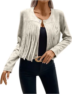 Women's Fringe Faux Suede Leather Jackets Casual Fashion Tassel Motorcycle Cropped Coats Long Sleeve Collarless Jacket