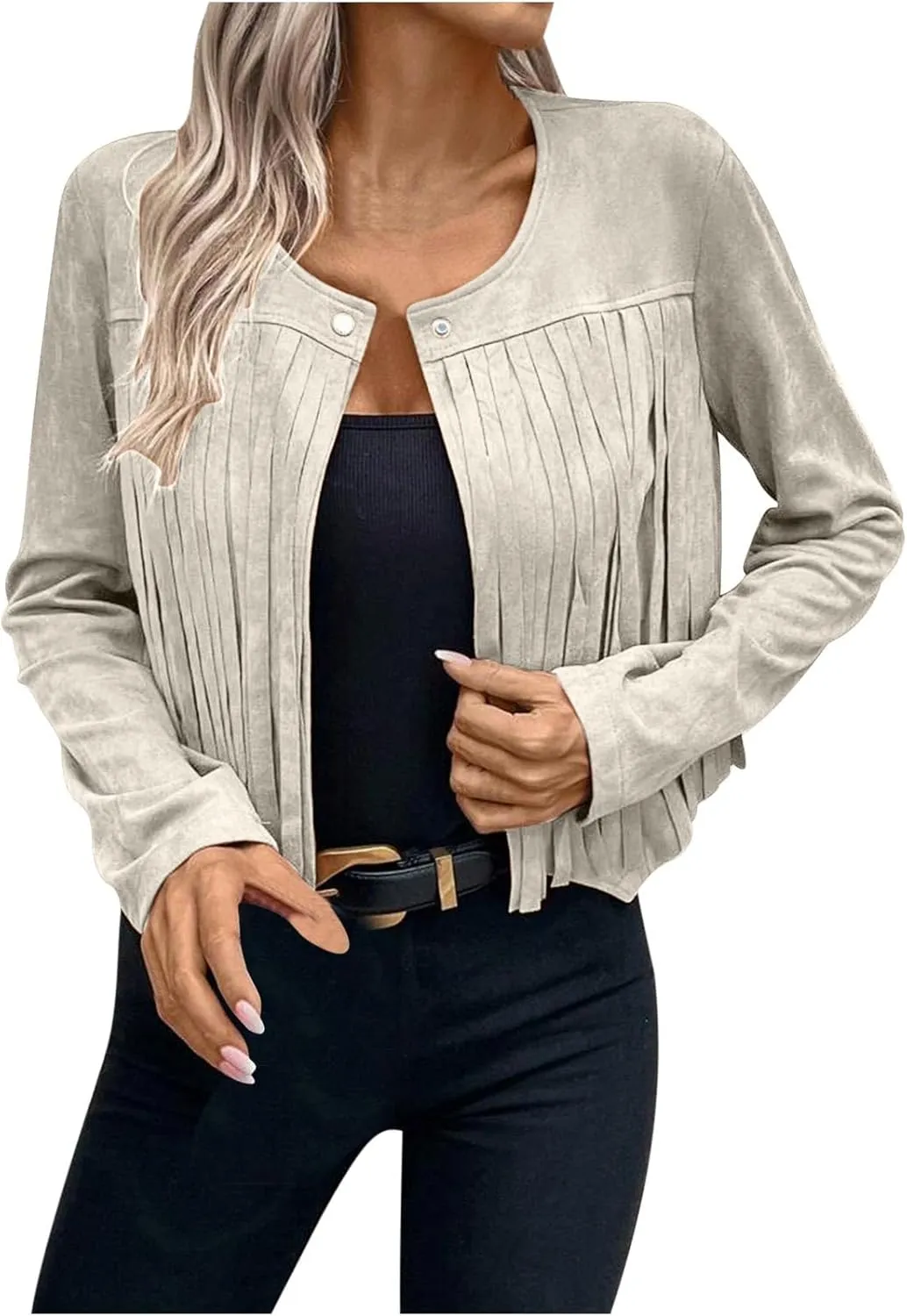 Women's Fringe Faux Suede Leather Jackets Casual Fashion Tassel Motorcycle Cropped Coats Long Sleeve Collarless Jacket