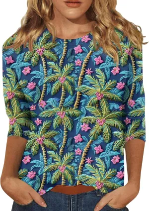 Women's Hawaiian Shirts T Shirts for Women Womens Casual Floral Tropical Shirt 3/4 Sleeve Summer Beach Shirt 2024