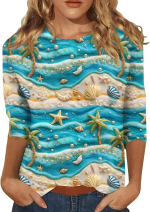Women's Hawaiian Shirts T Shirts for Women Womens Casual Floral Tropical Shirt 3/4 Sleeve Summer Beach Shirt 2024