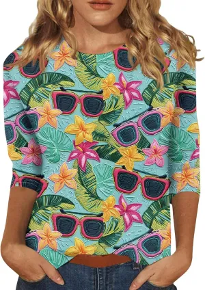 Women's Hawaiian Shirts T Shirts for Women Womens Casual Floral Tropical Shirt 3/4 Sleeve Summer Beach Shirt 2024