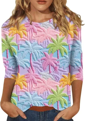 Women's Hawaiian Shirts T Shirts for Women Womens Casual Floral Tropical Shirt 3/4 Sleeve Summer Beach Shirt 2024