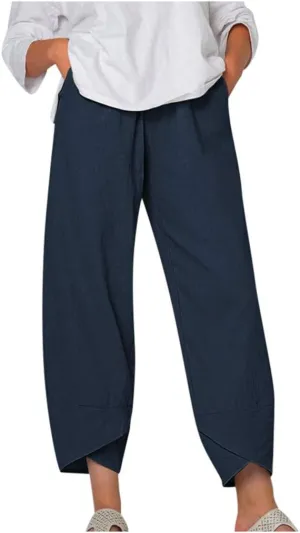 Women's High Elastic Waist Pleated Loose Chiffon Wide Leg Capri Pants Culottes Casual Pleated Plain Long Palazzo Pants