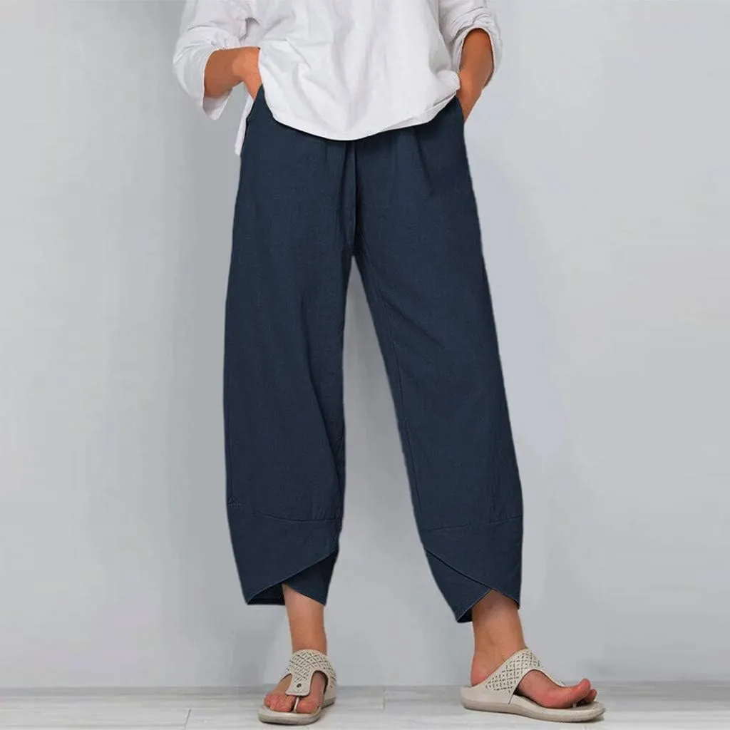 Women's High Elastic Waist Pleated Loose Chiffon Wide Leg Capri Pants Culottes Casual Pleated Plain Long Palazzo Pants