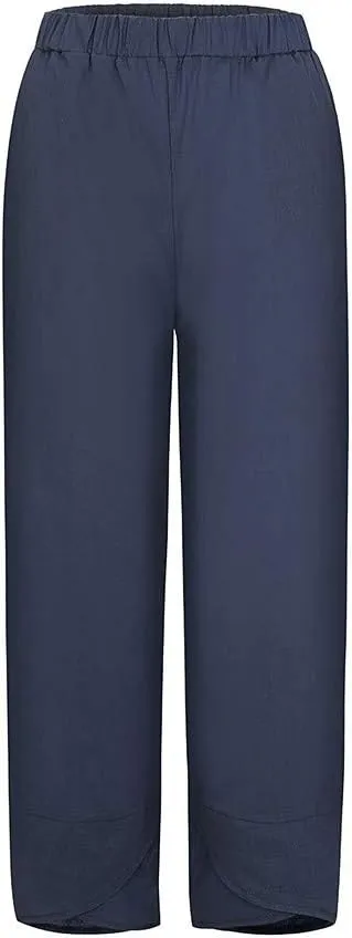 Women's High Elastic Waist Pleated Loose Chiffon Wide Leg Capri Pants Culottes Casual Pleated Plain Long Palazzo Pants