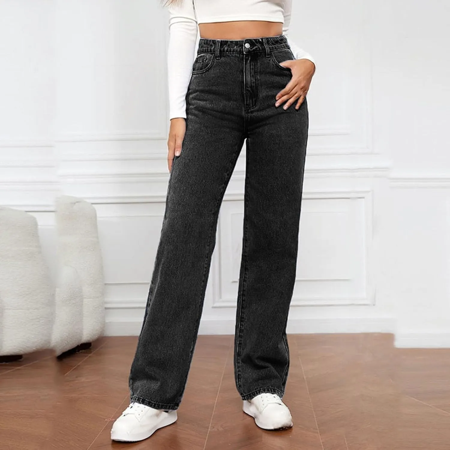 Womens High Waisted Flare Jeans Stretch Baggy Wide Leg Denim Pant Casual Fashion Lightweight Y2k Trousers with Pocket
