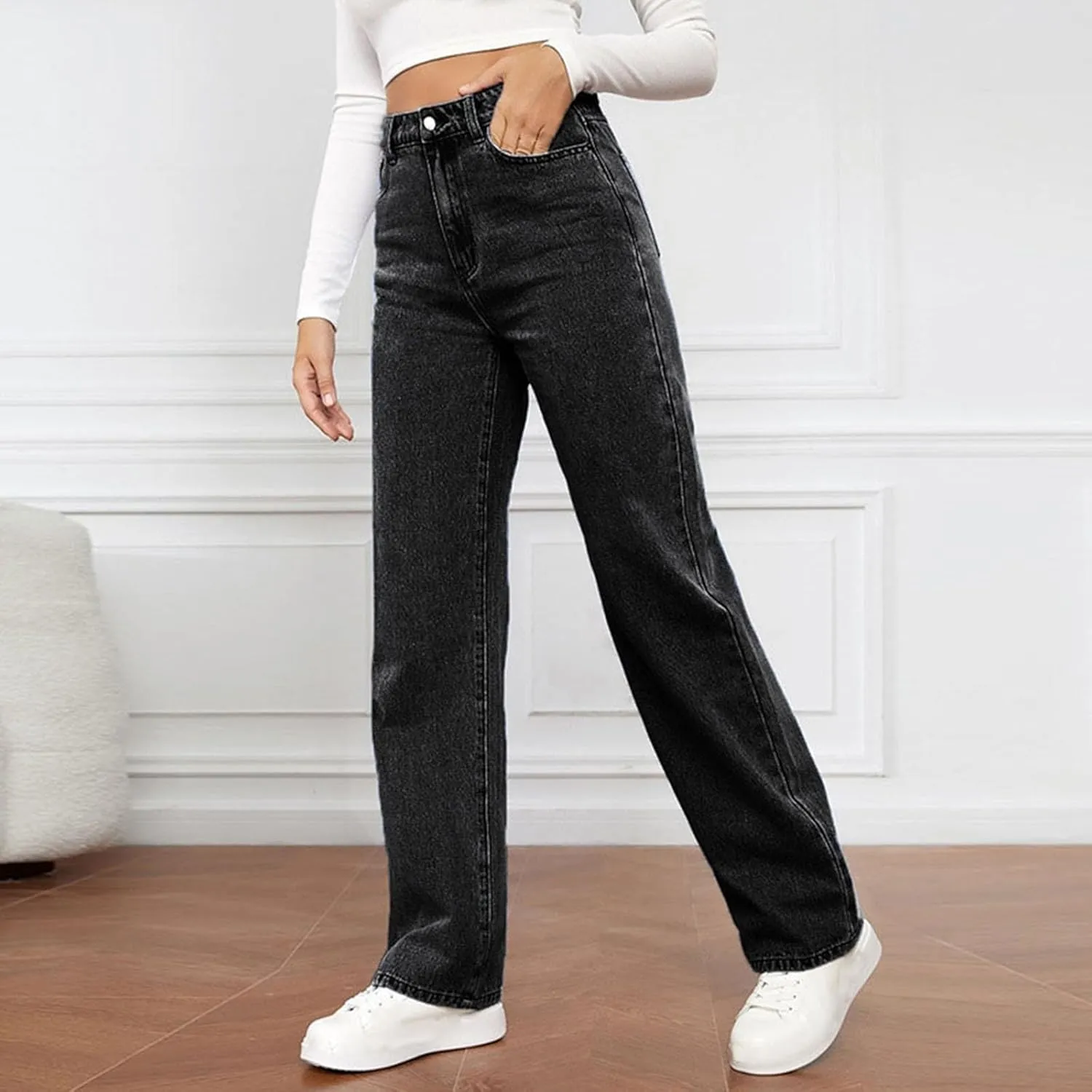 Womens High Waisted Flare Jeans Stretch Baggy Wide Leg Denim Pant Casual Fashion Lightweight Y2k Trousers with Pocket