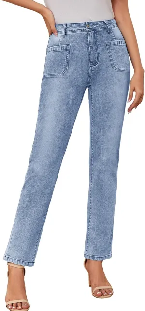 Women's High Waisted Jeans with Patch Pockets Straight Leg Jeans Stretchy Denim Pants for Women