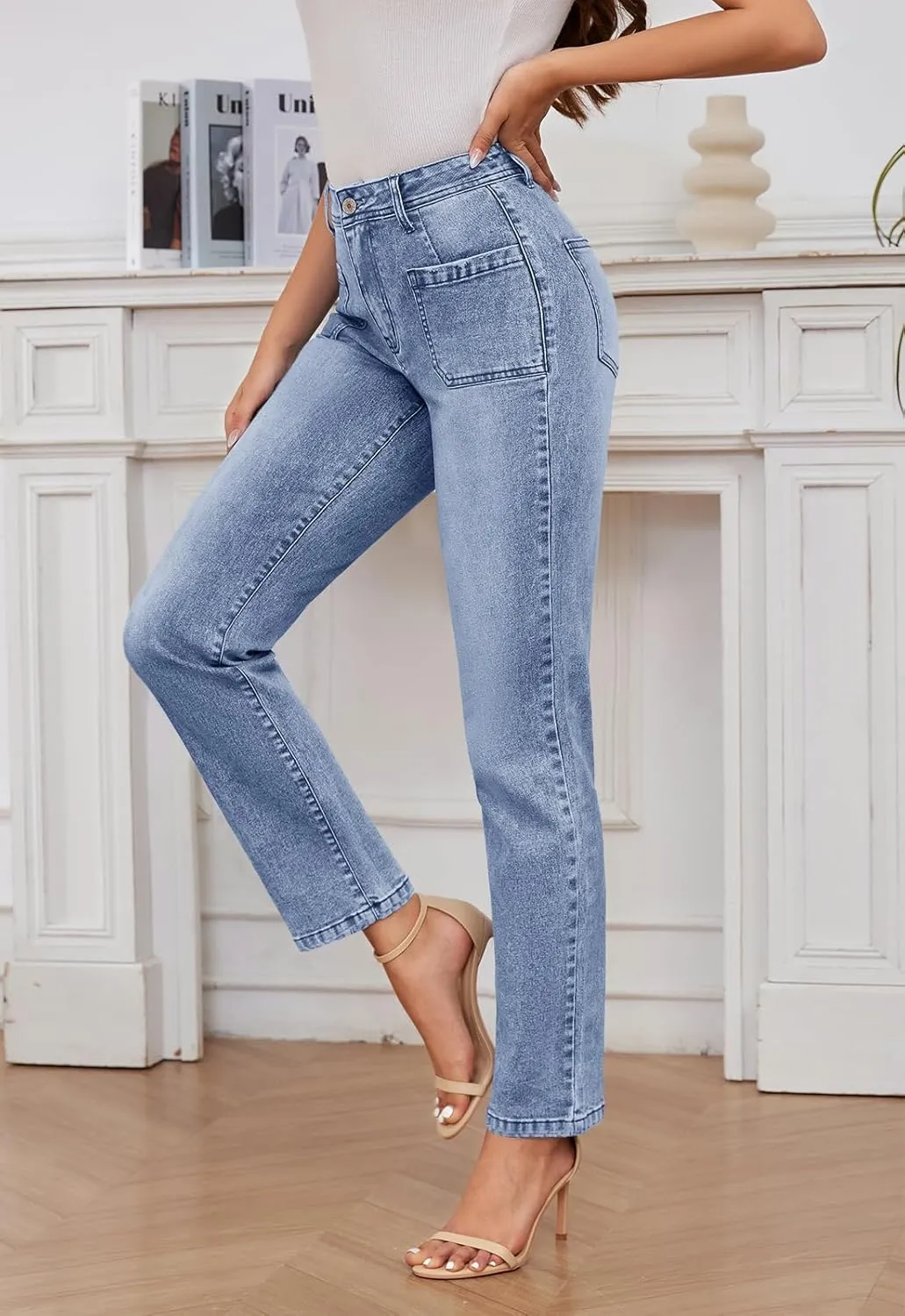 Women's High Waisted Jeans with Patch Pockets Straight Leg Jeans Stretchy Denim Pants for Women
