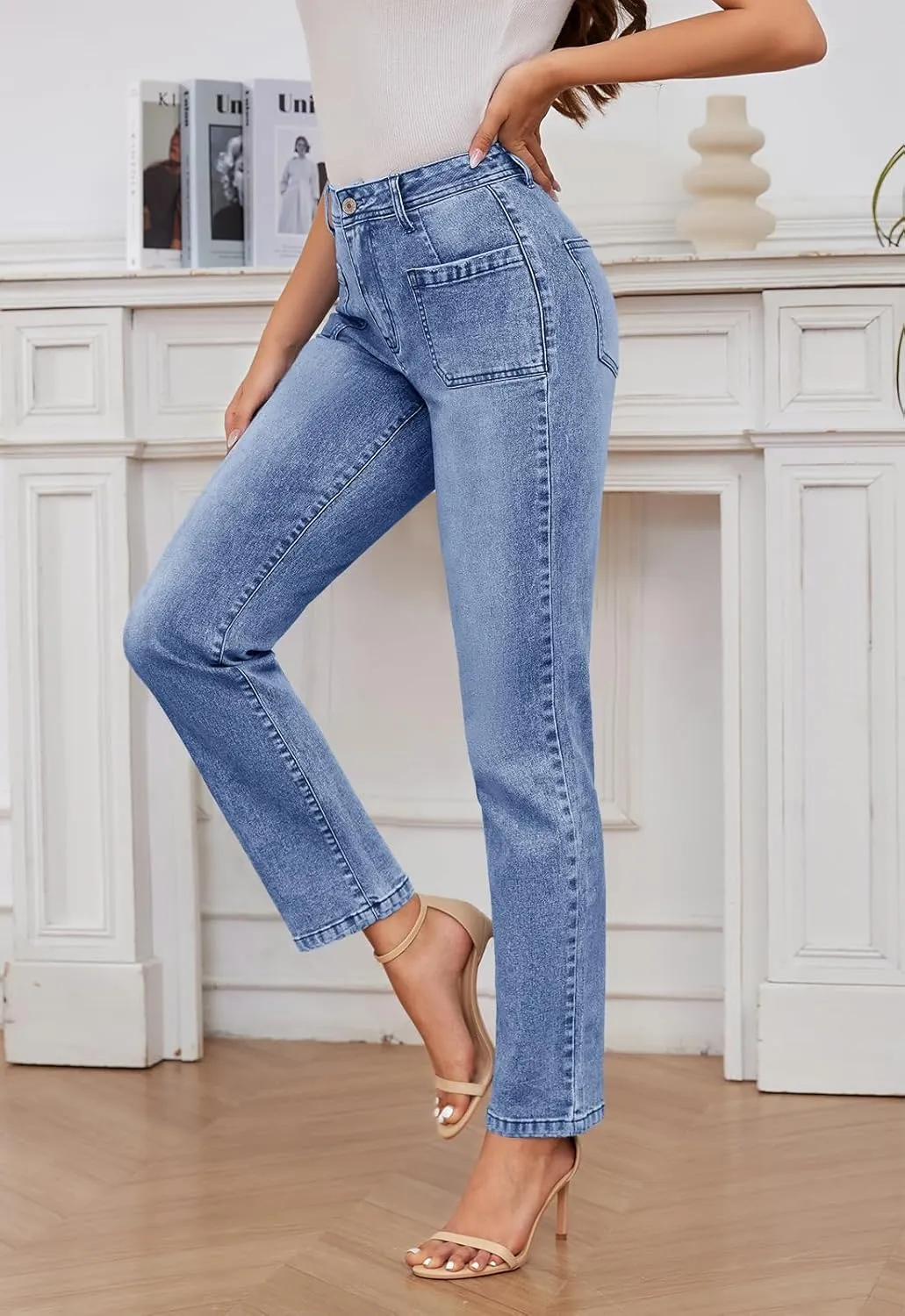 Women's High Waisted Jeans with Patch Pockets Straight Leg Jeans Stretchy Denim Pants for Women