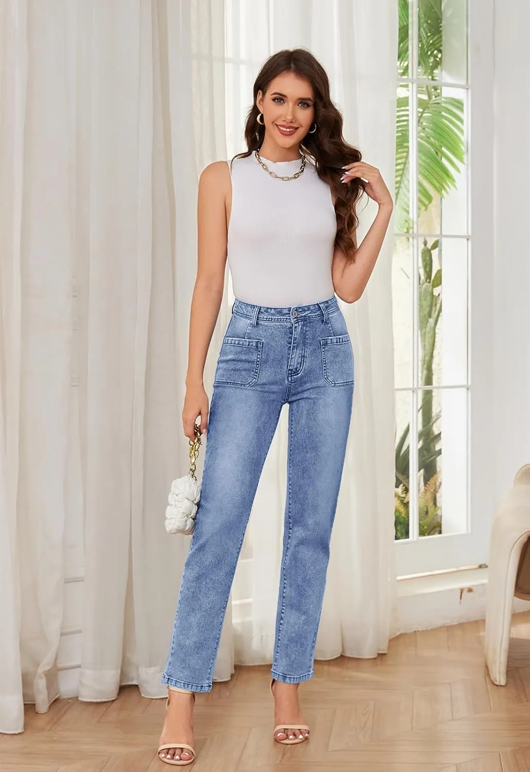 Women's High Waisted Jeans with Patch Pockets Straight Leg Jeans Stretchy Denim Pants for Women