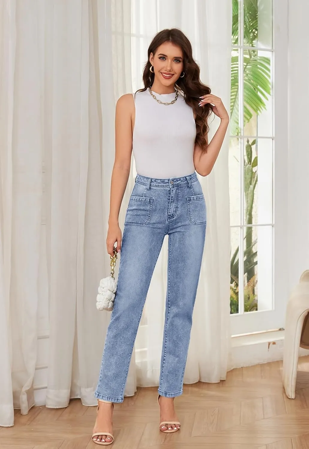 Women's High Waisted Jeans with Patch Pockets Straight Leg Jeans Stretchy Denim Pants for Women