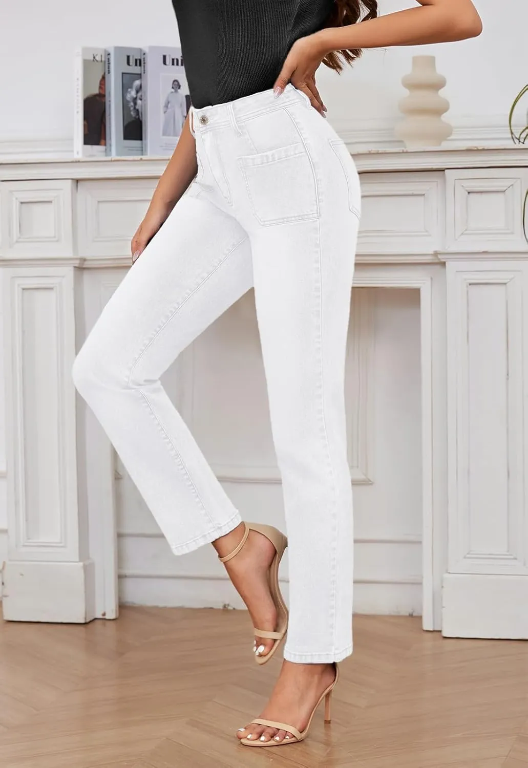Women's High Waisted Jeans with Patch Pockets Straight Leg Jeans Stretchy Denim Pants for Women