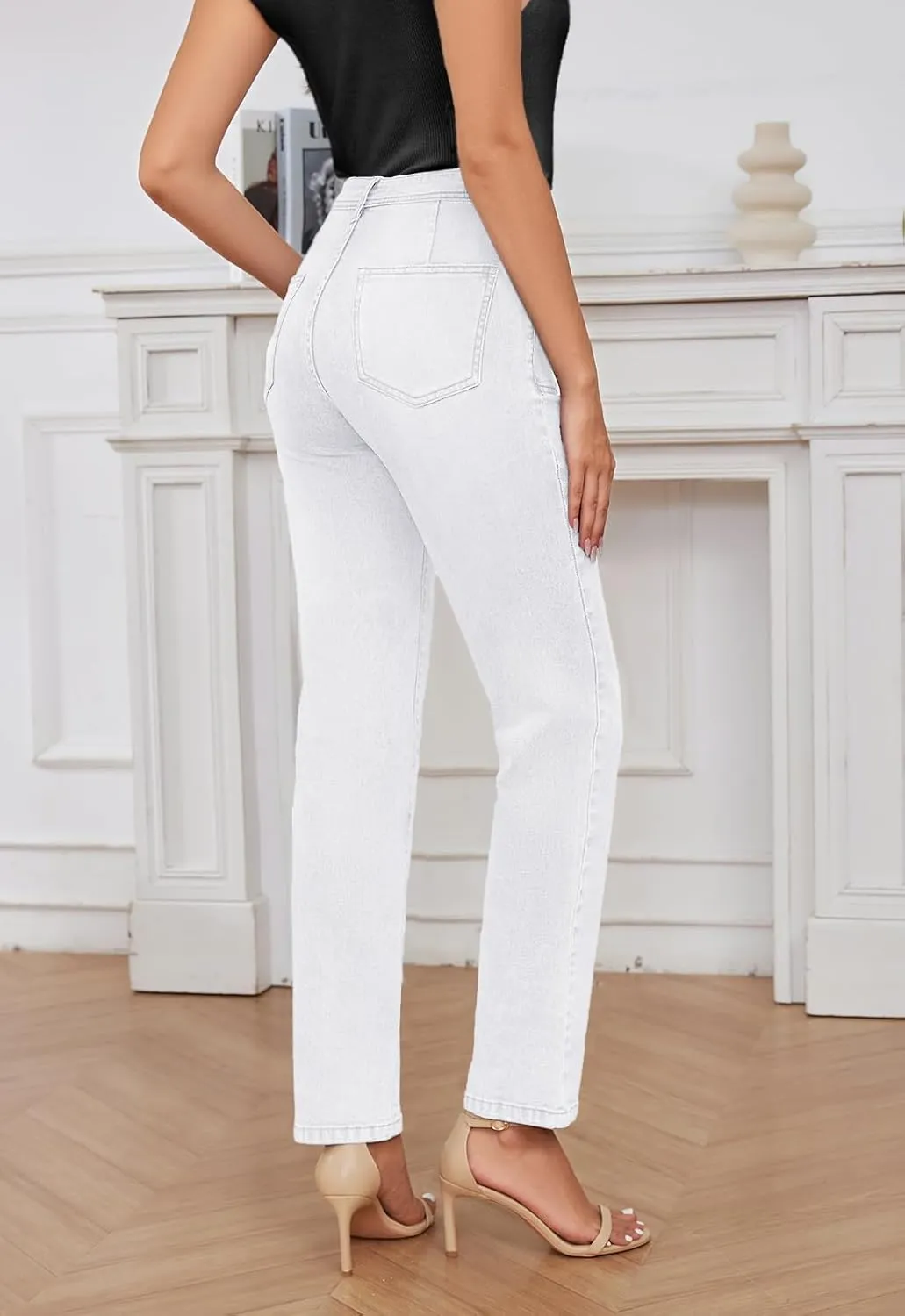 Women's High Waisted Jeans with Patch Pockets Straight Leg Jeans Stretchy Denim Pants for Women