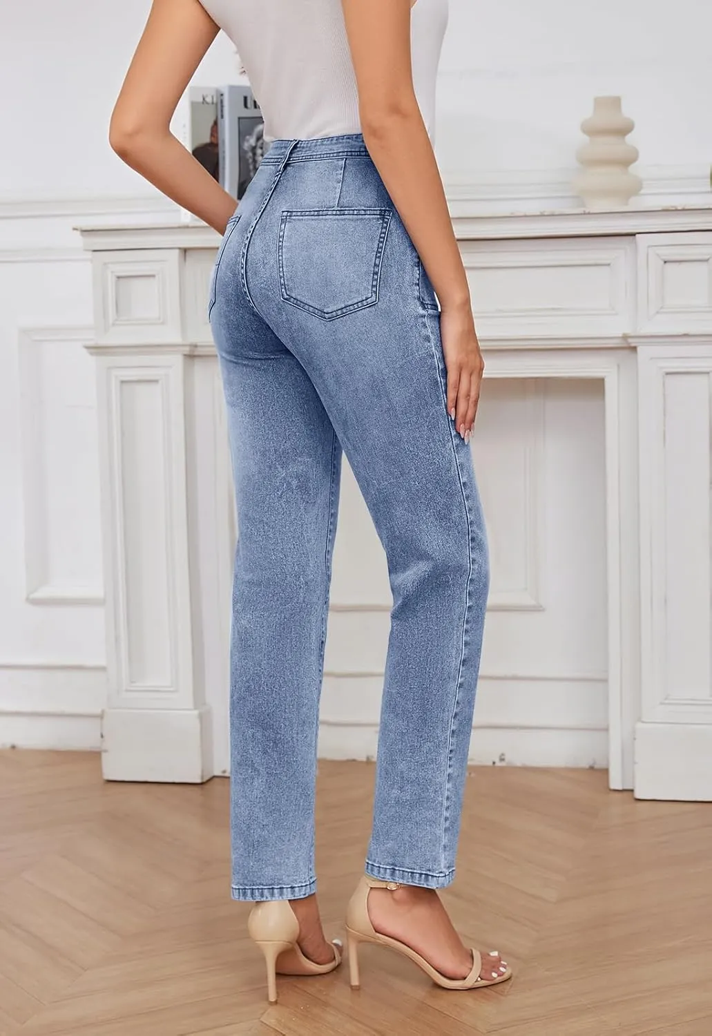 Women's High Waisted Jeans with Patch Pockets Straight Leg Jeans Stretchy Denim Pants for Women