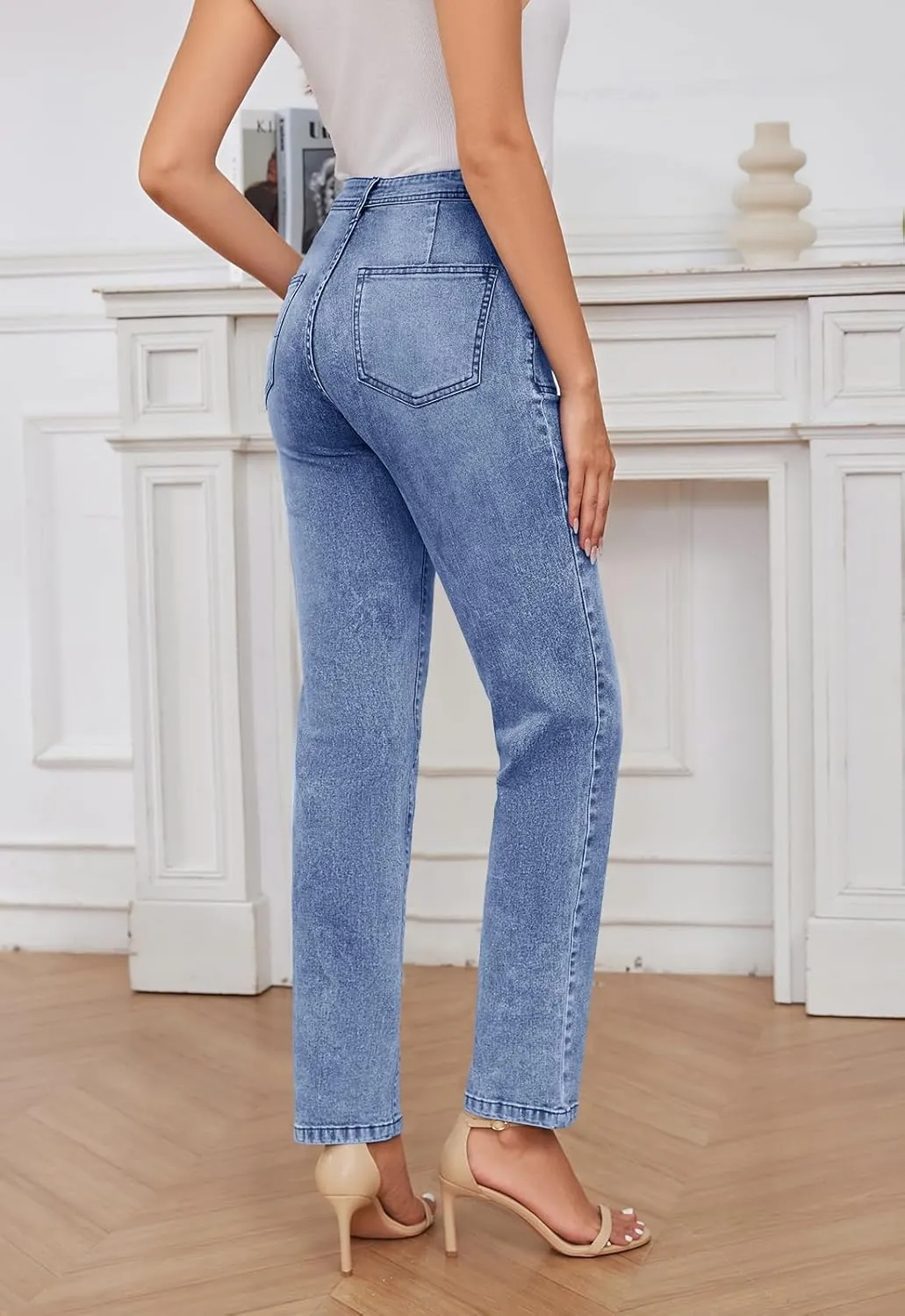Women's High Waisted Jeans with Patch Pockets Straight Leg Jeans Stretchy Denim Pants for Women