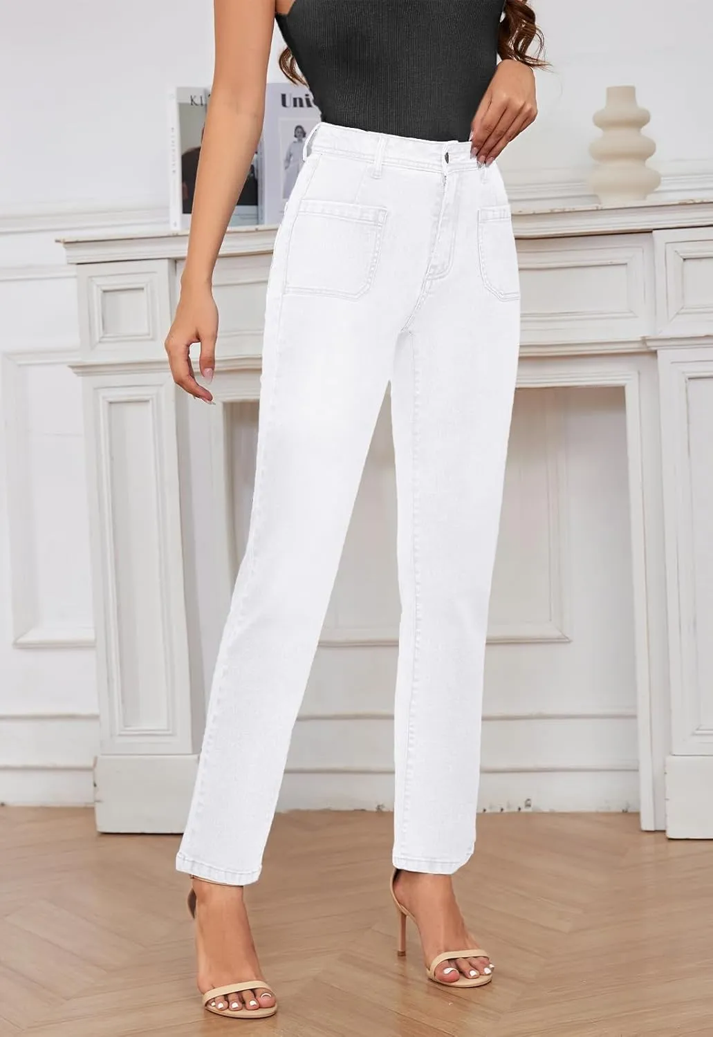 Women's High Waisted Jeans with Patch Pockets Straight Leg Jeans Stretchy Denim Pants for Women