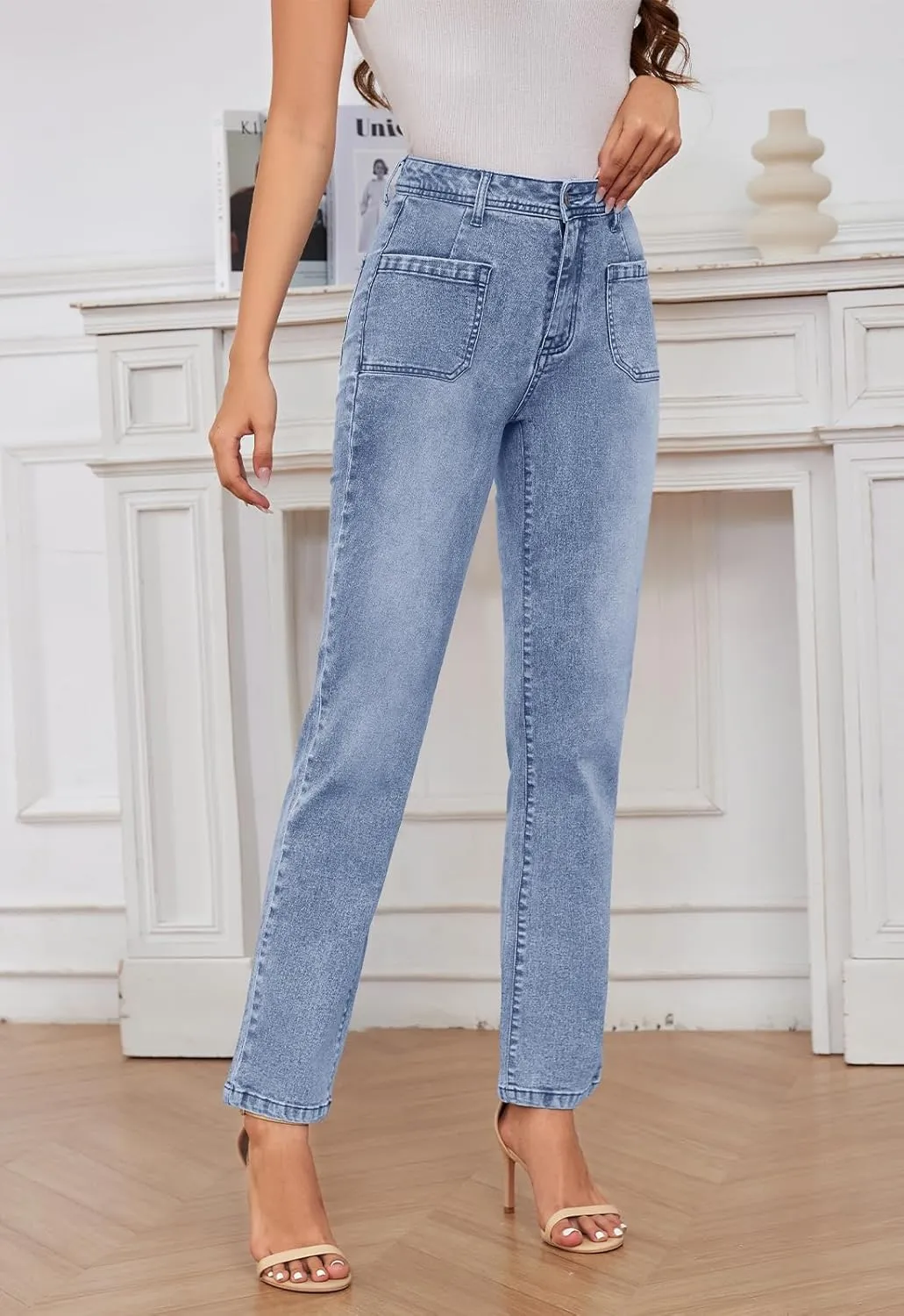 Women's High Waisted Jeans with Patch Pockets Straight Leg Jeans Stretchy Denim Pants for Women