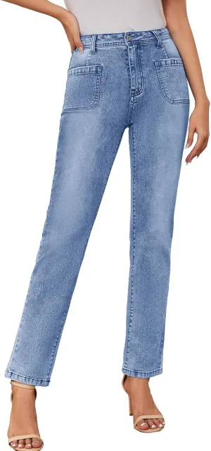 Women's High Waisted Jeans with Patch Pockets Straight Leg Jeans Stretchy Denim Pants for Women