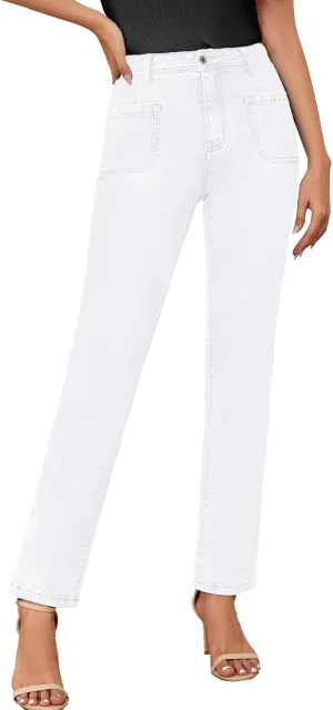 Women's High Waisted Jeans with Patch Pockets Straight Leg Jeans Stretchy Denim Pants for Women