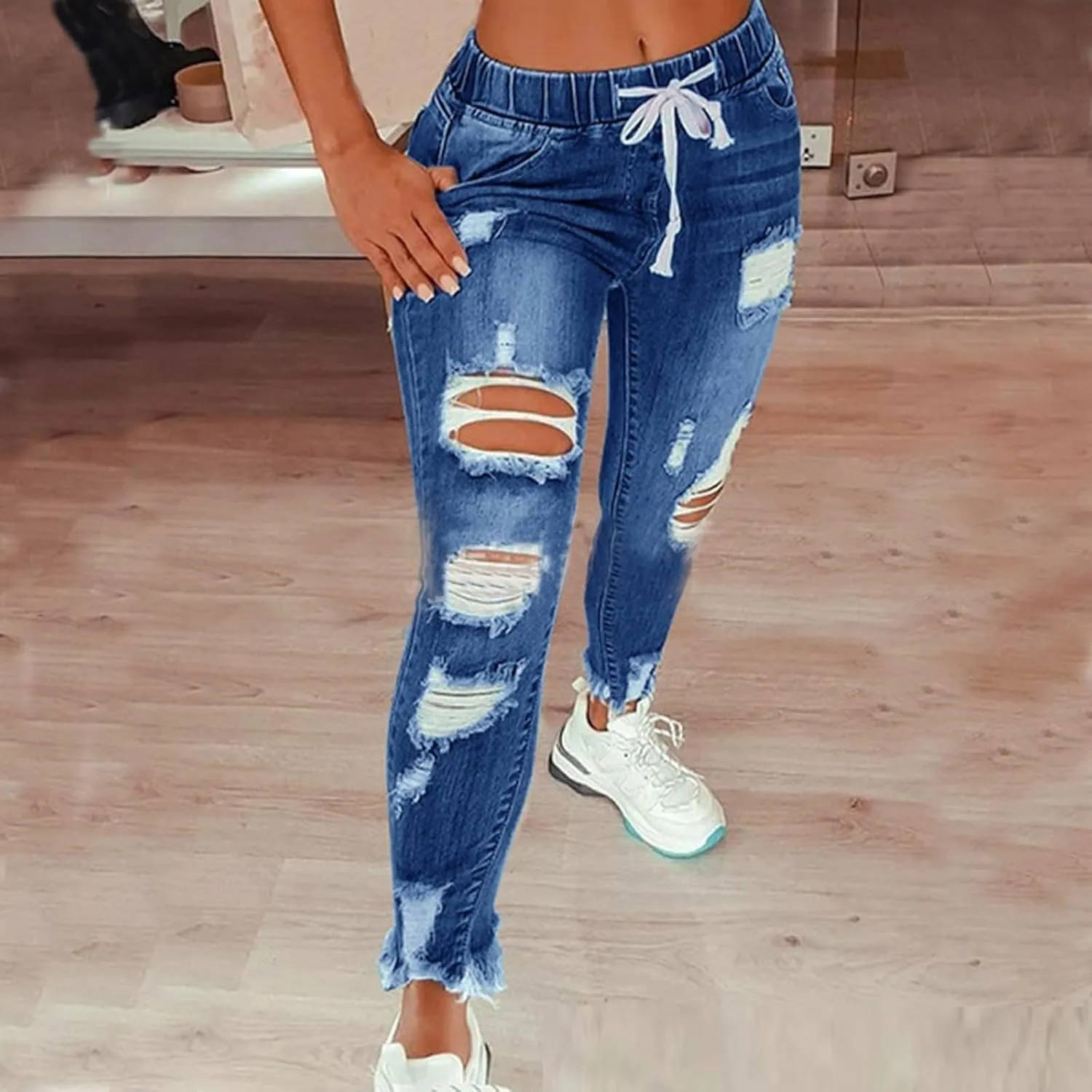 Women's High Waisted Ripped Jeans Skinny Stretch Denims Pants Casual Drawstring Cropped Destroyed Slim Fit Trousers