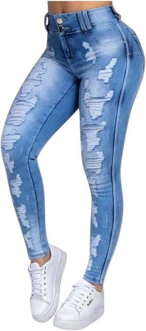 Women's High Waisted Ripped Jeans Skinny Stretch Denims Pants Casual Drawstring Cropped Destroyed Slim Fit Trousers