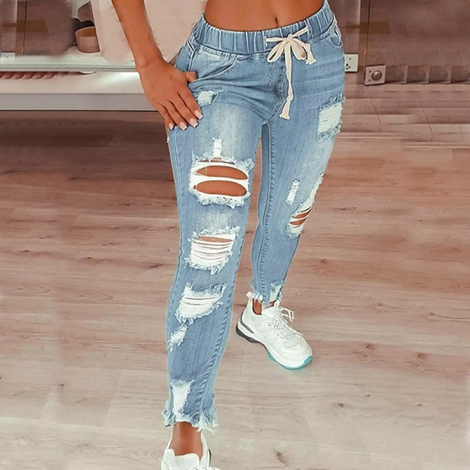 Women's High Waisted Ripped Jeans Skinny Stretch Denims Pants Casual Drawstring Cropped Destroyed Slim Fit Trousers
