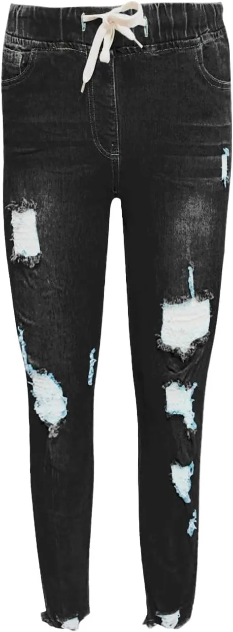 Women's High Waisted Ripped Jeans Skinny Stretch Denims Pants Casual Drawstring Cropped Destroyed Slim Fit Trousers