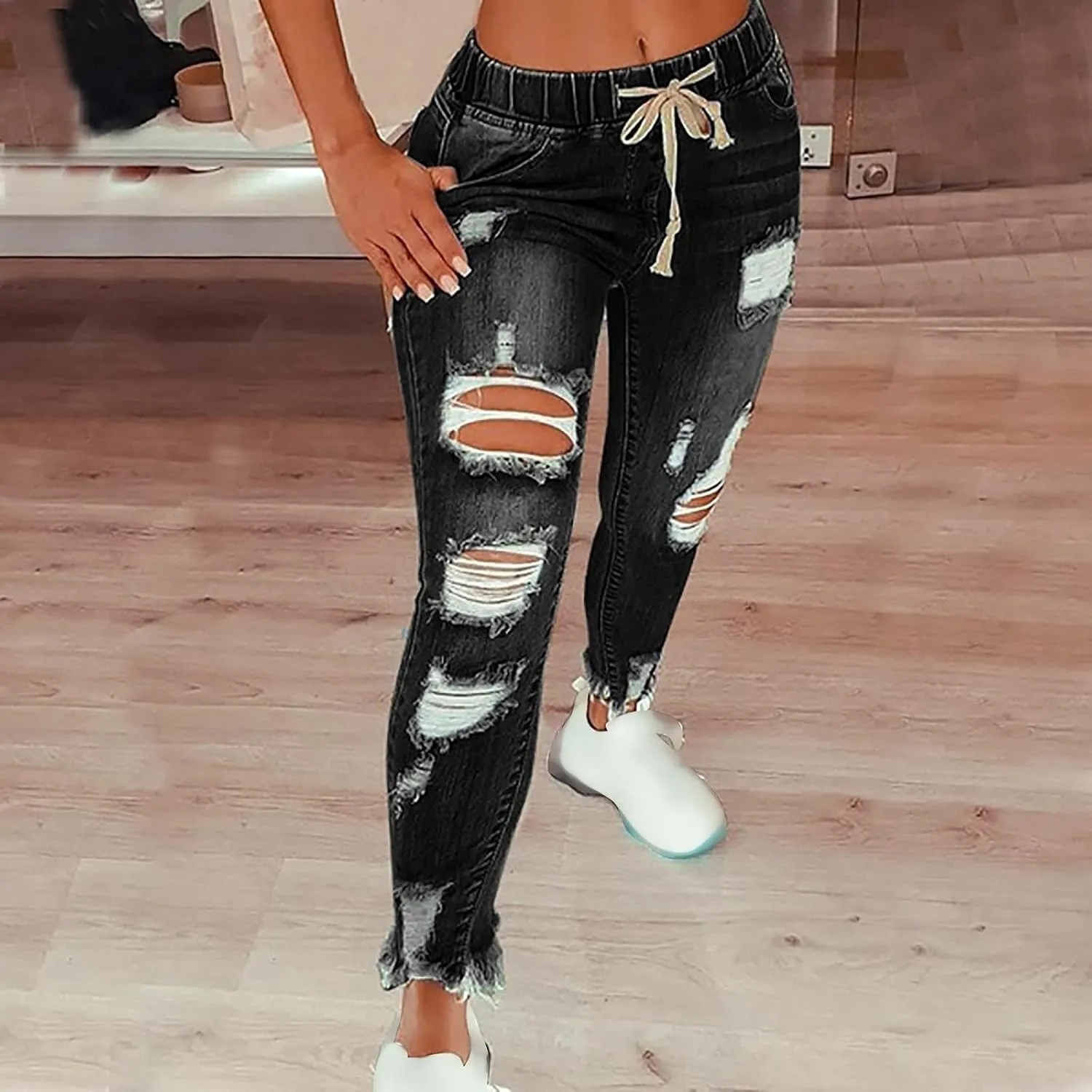 Women's High Waisted Ripped Jeans Skinny Stretch Denims Pants Casual Drawstring Cropped Destroyed Slim Fit Trousers
