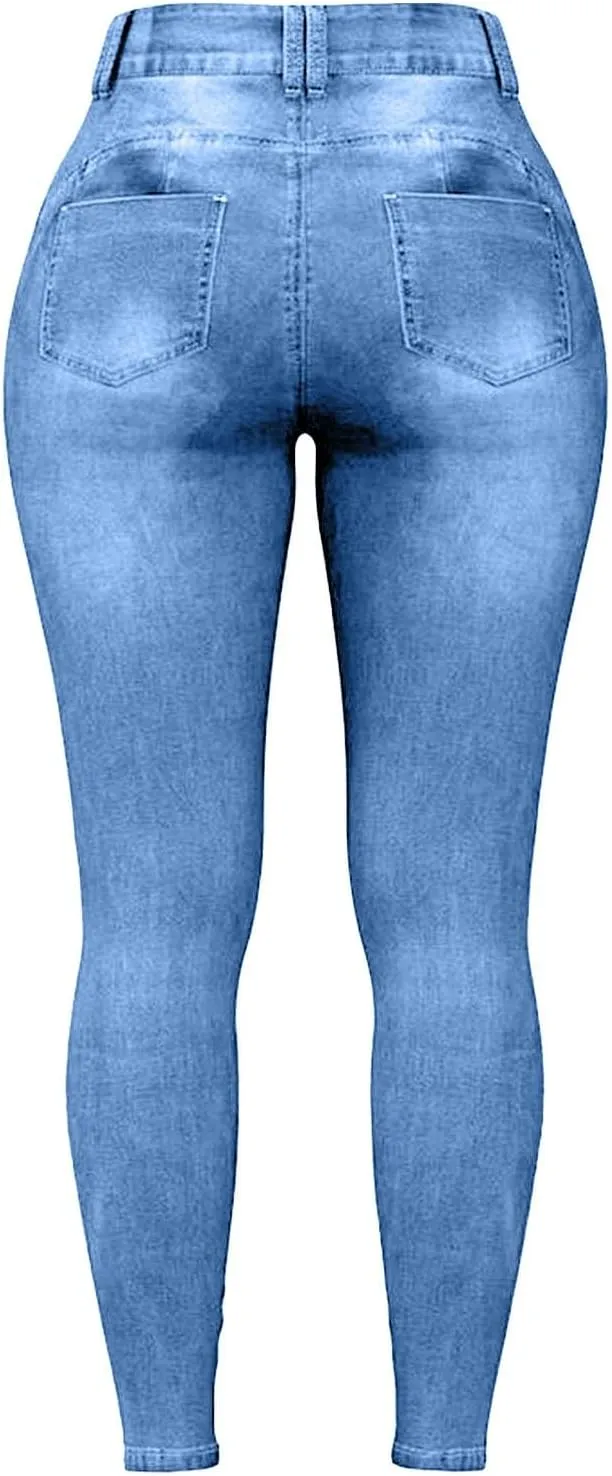 Women's High Waisted Ripped Jeans Skinny Stretch Denims Pants Casual Drawstring Cropped Destroyed Slim Fit Trousers